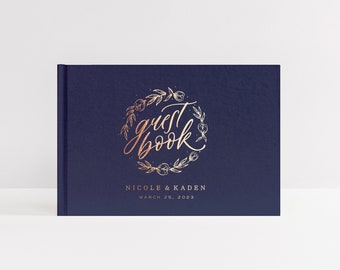 Wedding Guest Book | Rose Gold Foil Guestbook | Navy Blue Instant Photo Booth Album | Rustic Wedding Book | Design: Wreath
