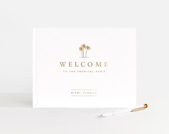 Vacation Rental Guest Book | Hotel Sign In Book | Ocean Beach House Seaside | Housewarming Gift Idea | Airbnb, VRBO, Inn | Design: Palm Tree