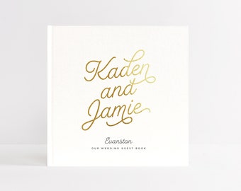 Wedding Guest Book | Large White Guestbook | Wedding Sign In Album | Hardcover Guest Book with Real Fold Foil | Design: Forever Love