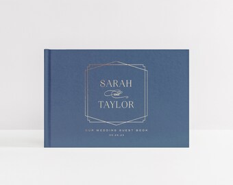 Wedding Guest Book | Dusty Blue Guestbook with Gold Foil | White Personalized Sign In | Instant Photo Booth Album | Design: Geometric Frame