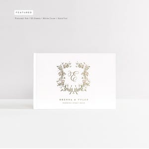 Wedding Guest Book | White Guest Book | Hardcover Guestbook Rose Gold Foil | Bridal Shower | Wedding Sign In Book | Design: Floral Crest