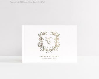 Wedding Guest Book | White Guest Book | Hardcover Guestbook Rose Gold Foil | Bridal Shower | Wedding Sign In Book | Design: Floral Crest