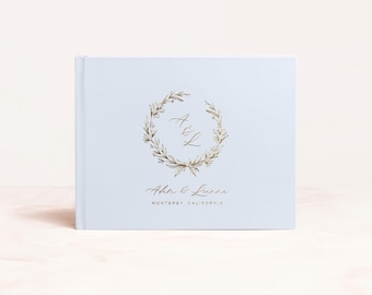 Wedding Guest Book | Wedding Sign In Album | Wedding Crest Signature Book | Photo Booth Wedding, Dusty Blue Gold Foil | Design: Fancy Wreath