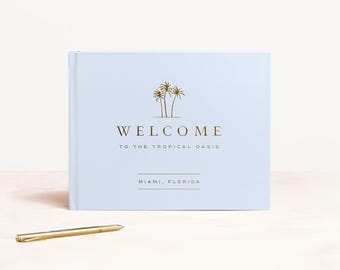 Vacation Rental Guest Book | Hotel Sign In Book | Ocean Beach House Seaside | Housewarming Gift Idea | Airbnb, VRBO, Inn | Design: Palm Tree