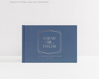 Wedding Guest Book | Dusty Blue Guestbook with Gold Foil | White Personalized Sign In | Instant Photo Booth Album | Design: Geometric Frame
