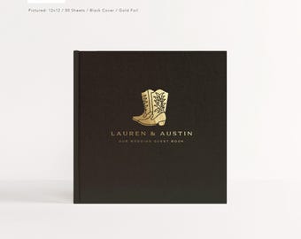 Libro de visitas para bodas / Libro de visitas rústico con lámina de oro / Álbum para bodas / Libro de registro para bodas / Botas vaqueras occidentales / Diseño: Botas