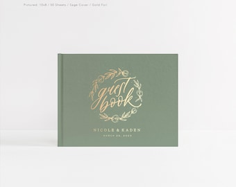 Wedding Guest Book | Real Gold Foil Guestbook | Sage Green Instant Photo Booth Album | Rustic Wedding Book | Design: Wreath
