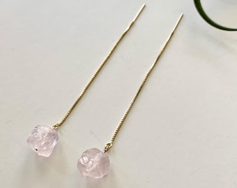 Rose Quartz Thread Chain Earrings | Rose Quartz Threader Earrings | Raw Stone Earrings