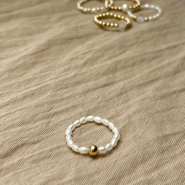 Pearl Ball Ring | Pearl Gold Ring |  Fresh Water Pearl Ring | Dainty Ring | Elastic Ring | Stackable Ring | Stretchy Ring