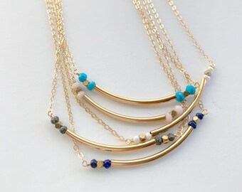 Gold Tube Necklace (Lapis, Pearl, Pink Opal, Turquoise, Pyrite)