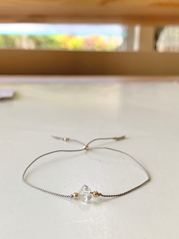 Herkimer Diamond Silk Cord Bracelet: 14K Gold Filled Beads, Adjustable