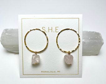 Rose Quartz Hoop Post Earrings | Raw Stone Post Hoop Earrings