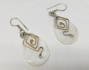 Mother of Pearl Leaf Earrings 14k Gold Filled  Wire Wrapped Hypoallergenic Large Carved Shell MOP Mother of Pearl Vintage 70s