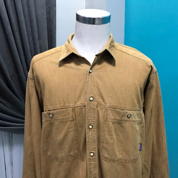 Vtg Patagonia Double Pockets Brown Denim Shirt Size L