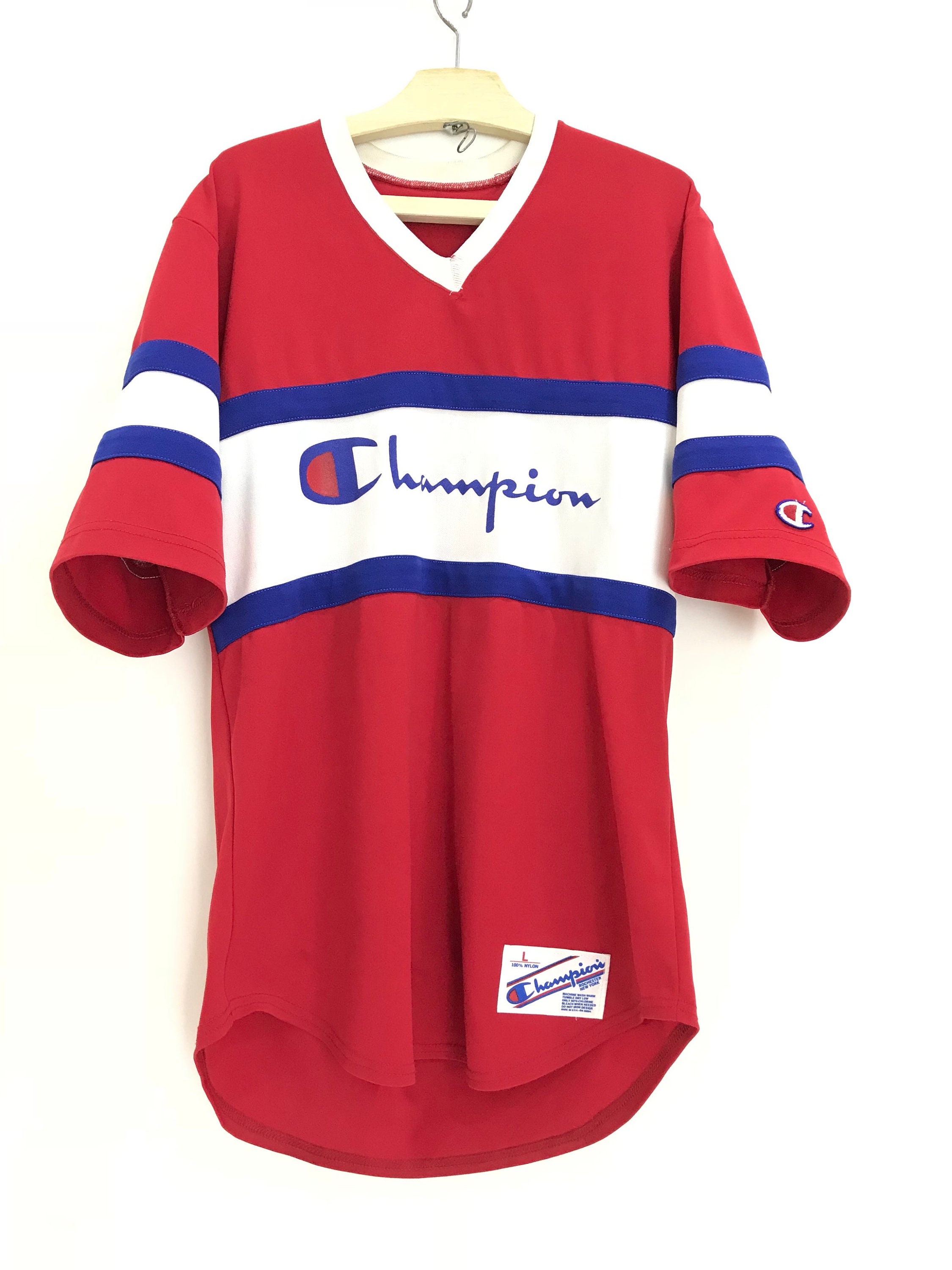 red pinstripe baseball jersey