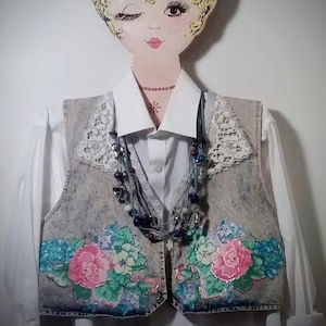 Cottagecore Verzierte Jeans Vintage Weste mit Blumenapplikation