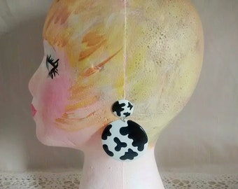 Vintage Cow Print Enamel Dangle Earrings: Western Statement Jewelry NOS