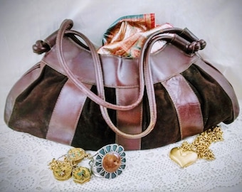 Vintage  Leather Handbag: Chocolate Brown Suede & Smooth Leather, 1980s