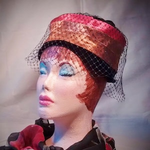 Vintage Black Velvet Hat with Satin Bands in Garnet Rose and Bronze and Black Veil