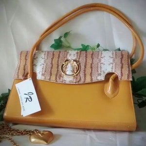 Vintage Ladies Purse by J Renee is Golden Camel Color with Snake Print Flap and Original Tags