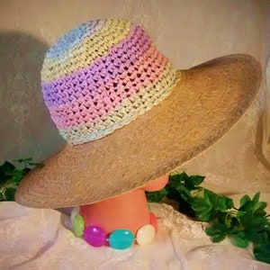 Vintage Ladies Straw Hat with Wide Brim and Pastel Colors