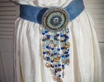 Vintage Designer Belt: Blue Leather Beaded Western Style, Size 25-32 NOS with Tag