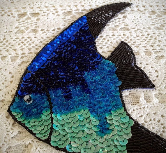 Sequin Angelfish Appliqués Blue Set of 3 Old New … - image 3