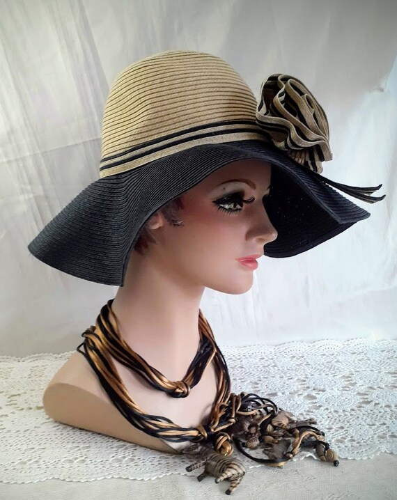 Vintage Straw Hat Wide Floppy Brim Tan and Black … - image 4