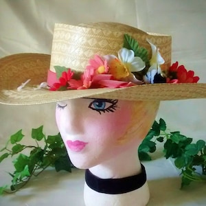 Vintage Straw Cowboy Hat Embellished With Flowers and Ribbon image 1