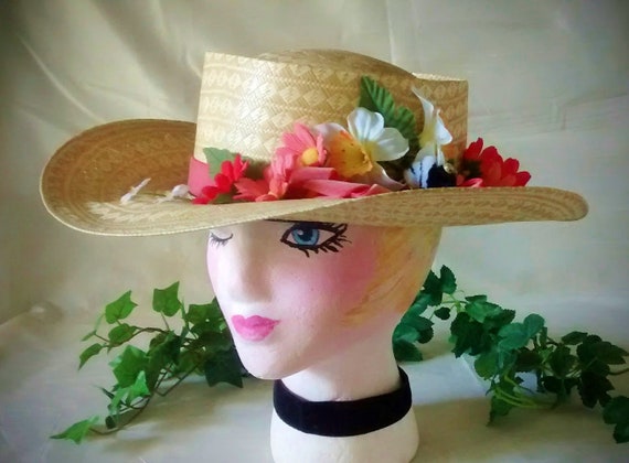 Vintage Straw Cowboy Hat Embellished With Flowers… - image 1