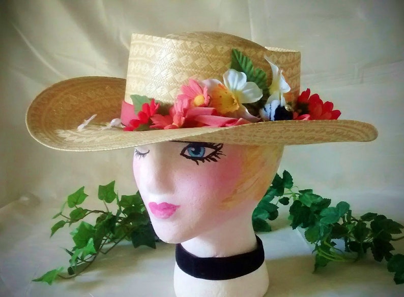 Vintage Straw Cowboy Hat Embellished With Flowers and Ribbon image 1