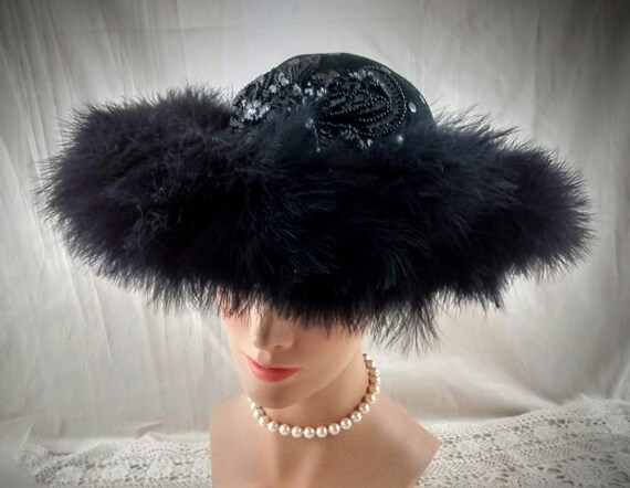 DEBORAH Black Hat Maribou Trim / Old Hollywood Gla
