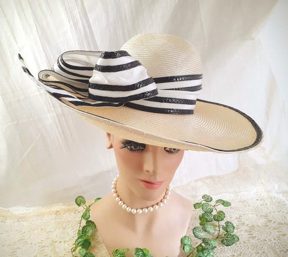 Vintage Black & White Straw Wide Brim Derby Hat Vintage Black and White Straw Wide Brim Derby Hat Fancy Hat  main image 4