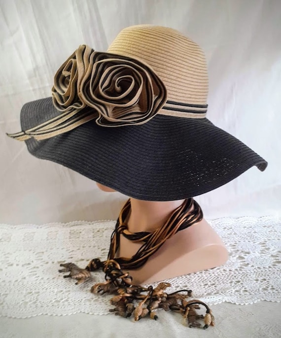 Vintage Straw Hat Wide Floppy Brim Tan and Black … - image 2
