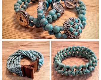 Bracelet Collection Southwest Style set of 4 Faux Turquoise, Silver, Wood