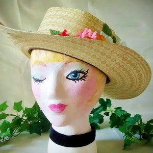 Vintage Straw Cowboy Hat Embellished With Flowers and Ribbon image 3