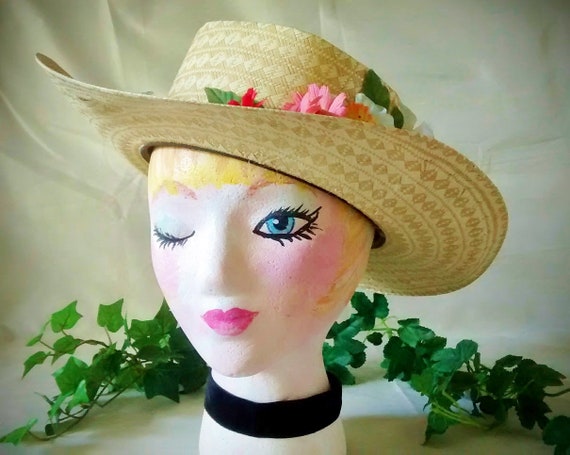 Vintage Straw Cowboy Hat Embellished With Flowers… - image 3