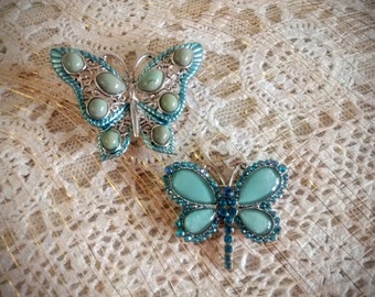 2 Butterfly Pins Pendant Brooches Vintage Sage Green Aqua Silver Filigree Metal