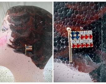 Crystal Flag Earrings Pierced Patriotic  New/Old Stock Lapel Pins July 4th Memorial Day Labor Day