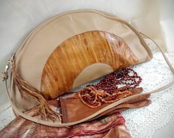 Vintage Eel Skin Shoulder Bag - Beige 1980s Half-Circle Purse