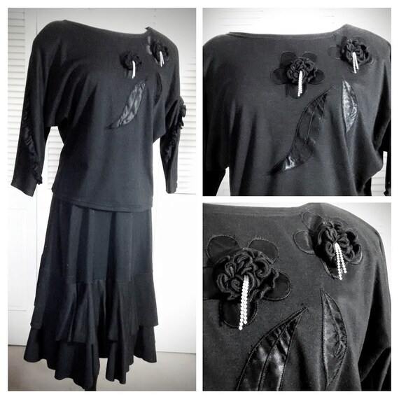Black Jersey Dress / Embellished Black Dress / 2 P