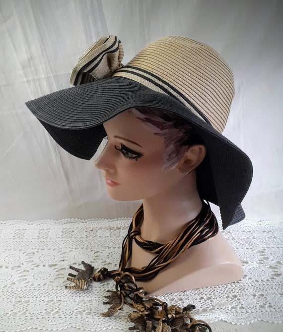 Vintage Straw Hat Wide Floppy Brim Tan and Black … - image 7