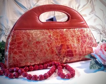 Vintage  Purse: J Renee Terra Cotta & Gold Alligator-Textured Vinyl NOS with Tag