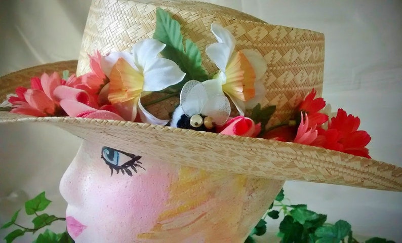 Vintage Straw Cowboy Hat Embellished With Flowers and Ribbon image 4