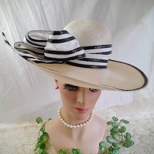 Jack McConnell Hat Wide Brim  Ivory Genuine Straw Black and White Ribbon Church Kentucky Derby