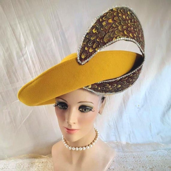 Rare Vintage Jack McConnell  White Feathers w Jewels & beads Wool Hat Vintage Jack Mcconnell Couture Hat: RED FEATHER OOAK Gold  main image 4