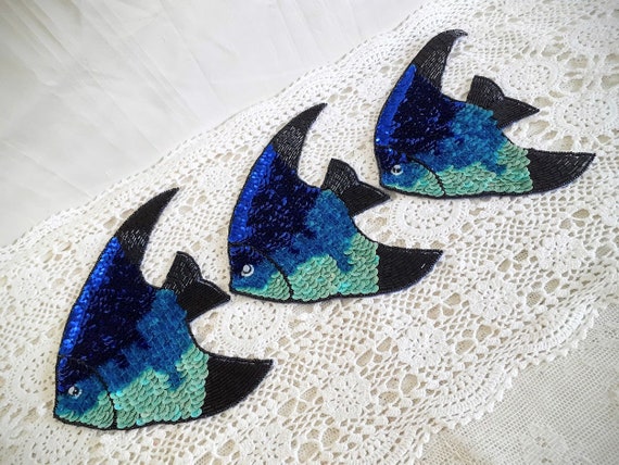 Sequin Angelfish Appliqués Blue Set of 3 Old New … - image 1