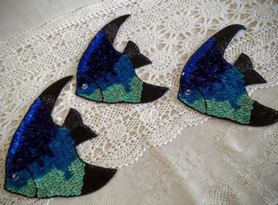 Sequin Angelfish Appliqués Blue Set of 3 Old New … - image 2