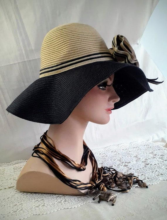 Vintage Straw Hat Wide Floppy Brim Tan and Black … - image 5