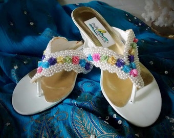 White Wedgie Vintage Sandals with Pearls and Sequin Flowers by Pacific Casuals size 7 and one half - never worn